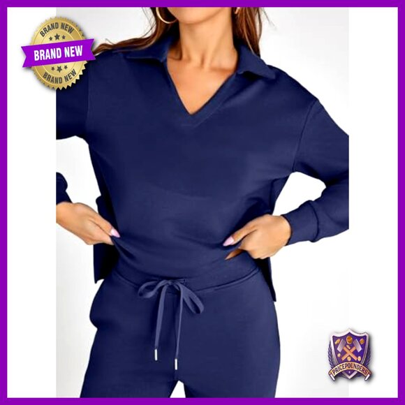 Long Sleeve Polo Top Wide Leg Pants Matching Set Casual Lounge Sweatsuit - Picture 5 of 7